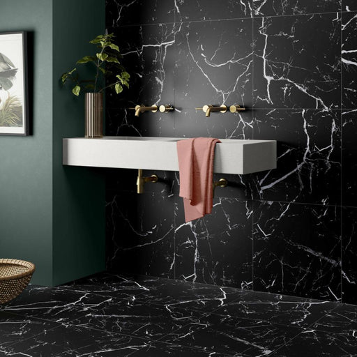 Splendour Genova 600x600 Black Matt Marble Effect Tiles - Unbeatable Bathrooms