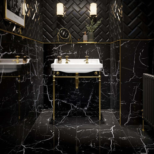 Splendour Genova 600x600 Black Polished Marble Effect Tiles - Unbeatable Bathrooms