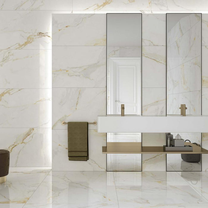 Splendour Marshall 1200x1200 Gold Vein Polished Marble Effect Tiles - Unbeatable Bathrooms