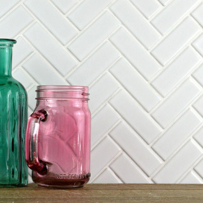 Splendour Pixel 316x277 White Herringbone Gloss Tiles - Unbeatable Bathrooms